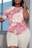 Multicolor Floral Graphic Print O Neck Short Sleeve Oversized T Shirt and Shorts Casual Outing Elastic Waist Plus Size Two Piece Short Set