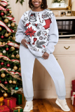 Red Christmas Casual Print Round Neck Long Sleeve Sweatshirts and Pants Two Pieces Matching Sets