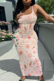 White Apricot Floral Print Sleeveless Backless Spaghetti Strap Casual Outing Vacation Bodycon Cami Maxi Dress