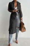 Khaki Organza With Belt Turndown Collar Long Sleeve Outerwear Long Cardigan Coats