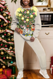 Red Christmas Casual Print Round Neck Long Sleeve Sweatshirts and Pants Two Pieces Matching Sets