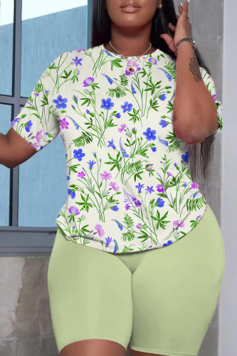 Grey Casual Floral Print Round Neck Short Sleeve T-shirt and Skinny Shorts Two Pieces Matching Sets