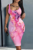 Rose Red Tie Dye Sleeveless U Neck Knee Length Casual Outing Vacation Bodycon Vest Midi Dress