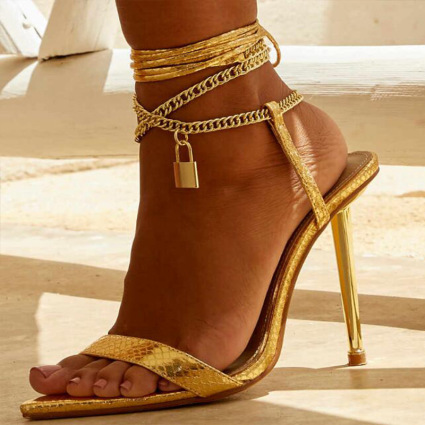 Golden Ankle Strap Metal Accessories Trim Chains Pointed Shoes Stiletto Thin High Heel Sandals(Heel Height 4.53in)
