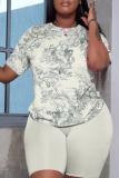 Grey Casual Floral Print Round Neck Short Sleeve T-shirt and Skinny Shorts Two Pieces Matching Sets