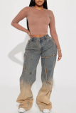 Blue Street Gradient Color Pocket Buttons Zipper Mid Waist Loose Straight Leg Denim Jeans
