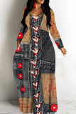 Black Faux Denim Print V Neck Long Sleeve Floor Length Casual Outing Straight Loose Maxi Dress