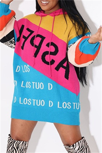 Green Letter Print Long Sleeve Casual Outing Fall Winter Hooded Knit Mini Sweatshirt Dress