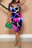 White Blue Graphic Print Sleeveless U Neck Casual Outing Bodycon Pencil Tank Midi Dress