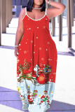 Red White Graphic Print Sleeveless Backless Spaghetti Strap Floor Length Casual Outing Straight Loose Maxi Slip Dress