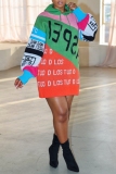 Green Letter Print Long Sleeve Casual Outing Fall Winter Hooded Knit Mini Sweatshirt Dress