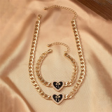 Golden Casual Party Club Heart Shaped Bow Pendant Chains Necklaces and Bracelet Two-piece Set