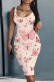 Purple Grey Butterfly Print Sleeveless U Neck Knee Length Casual Outing Fitted Vest Midi Dress