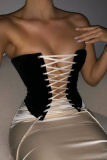 Black Party Club Pleuche Backless Belted Tie-front Strapless Sleeveless Tube Tops and Wrap Skirts Two Pieces Sets