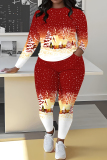 Red Black Christmas Casual Print Round Neck Long Sleeve Sweatshirt and Pencil Pants Two Pieces Sets