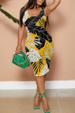 White Blue Graphic Print Sleeveless U Neck Casual Outing Bodycon Pencil Tank Midi Dress