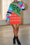 Green Letter Print Long Sleeve Casual Outing Fall Winter Hooded Knit Mini Sweatshirt Dress