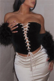 Black Party Club Pleuche Backless Belted Tie-front Strapless Sleeveless Tube Tops and Wrap Skirts Two Pieces Sets