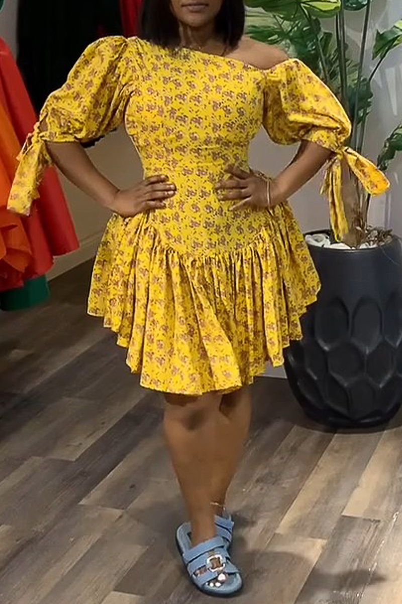 Pleated Rosette Shoulder Midi Dress-83003-Yellow main image 0