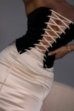 Black Party Club Pleuche Backless Belted Tie-front Strapless Sleeveless Tube Tops and Wrap Skirts Two Pieces Sets