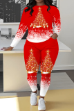 Red Black Christmas Casual Print Round Neck Long Sleeve Sweatshirt and Pencil Pants Two Pieces Sets