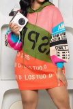 Green Letter Print Long Sleeve Casual Outing Fall Winter Hooded Knit Mini Sweatshirt Dress