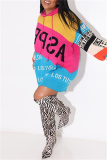 Green Letter Print Long Sleeve Casual Outing Fall Winter Hooded Knit Mini Sweatshirt Dress