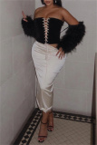 Black Party Club Pleuche Backless Belted Tie-front Strapless Sleeveless Tube Tops and Wrap Skirts Two Pieces Sets