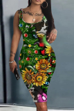 Green Christmas Outfits Sleeveless U Neck Knee Length Bodycon Vest Midi Dress