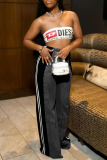 Blue Casual Side Stripe Buttons Zipper High Waist Loose Wide Leg Denim Jeans