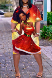 Red Christmas Loose T Shirt Dress V Neck Short Sleeve Casual Outing Straight Midi Dress