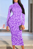 Light Purple Letter Print Long Sleeve O Neck Casual Outing Bodycon Pencil Tank Midi Dress