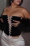 Black Party Club Pleuche Backless Belted Tie-front Strapless Sleeveless Tube Tops and Wrap Skirts Two Pieces Sets