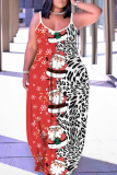 Red White Graphic Print Sleeveless Backless Spaghetti Strap Floor Length Casual Outing Straight Loose Maxi Slip Dress