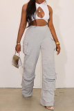 Grey Casual Pocket Patchwork Loose High Waist Straight Leg Bottoms Cargo Pants