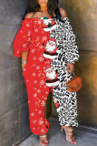 Red Black Christmas Contrast Casual Print Off Shoulder Long Lantern Sleeve Loose Jumpsuits