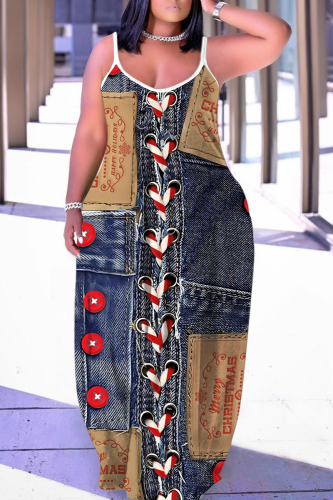 Red White Graphic Print Sleeveless Backless Spaghetti Strap Floor Length Casual Outing Straight Loose Maxi Slip Dress