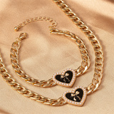 Golden Casual Party Club Heart Shaped Bow Pendant Chains Necklaces and Bracelet Two-piece Set