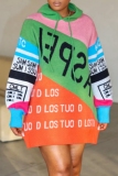 Green Letter Print Long Sleeve Casual Outing Fall Winter Hooded Knit Mini Sweatshirt Dress