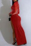 Black Rhinestone Sheer Mesh Maxi Dress Formal High Neck Long Sleeve Mesh Patchwork High Slit Bodycon Formal Party Evening Gown