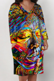 Colorful Figure Print V Neck Long Sleeve Pocket Casual Outing Straight Loose Midi Dress