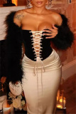 Black Party Club Pleuche Backless Belted Tie-front Strapless Sleeveless Tube Tops and Wrap Skirts Two Pieces Sets