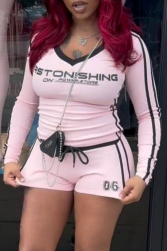 Red Casual Sportwear Letter Stripe Print V Neck Long Sleeve T-shirts and Drawstring Shorts Two Pieces Matching Sets