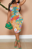 White Blue Graphic Print Sleeveless U Neck Casual Outing Bodycon Pencil Tank Midi Dress