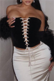 Black Party Club Pleuche Backless Belted Tie-front Strapless Sleeveless Tube Tops and Wrap Skirts Two Pieces Sets