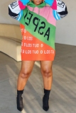 Green Letter Print Long Sleeve Casual Outing Fall Winter Hooded Knit Mini Sweatshirt Dress
