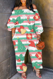 Red Black Christmas Contrast Casual Print Off Shoulder Long Lantern Sleeve Loose Jumpsuits