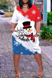 Red Christmas Loose T Shirt Dress V Neck Short Sleeve Casual Outing Straight Midi Dress