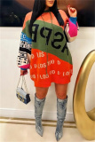 Green Letter Print Long Sleeve Casual Outing Fall Winter Hooded Knit Mini Sweatshirt Dress