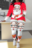 Red Black Christmas Casual Print Round Neck Long Sleeve Sweatshirt and Pencil Pants Two Pieces Sets